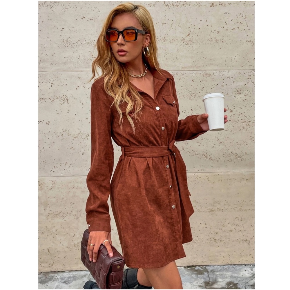 Corduroy Rust Brown Casual Button Up Shirt Style Belted Mini Dress Long Sleeves - Picture 4 of 13